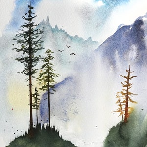 Aquarelle originale sapins et montagnes image 2