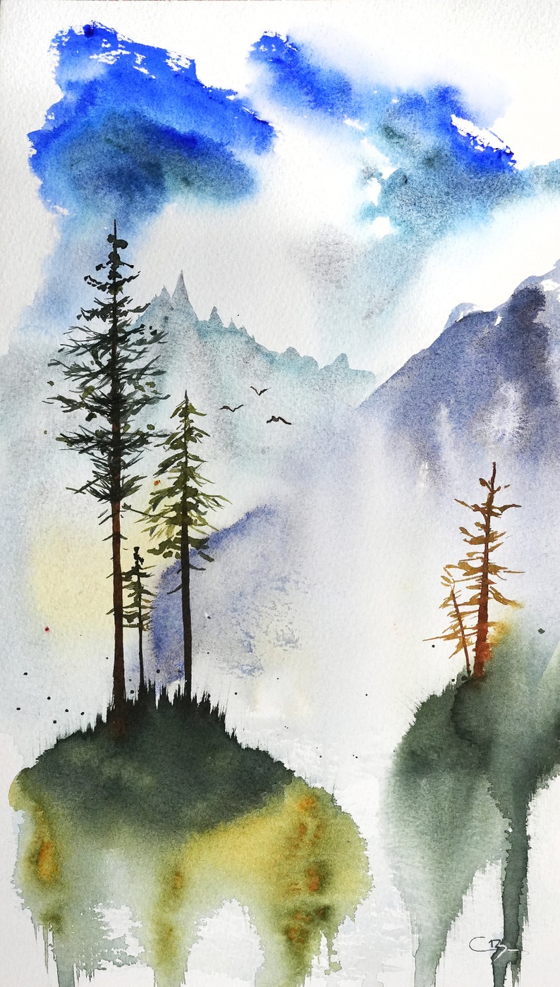 Aquarelle originale sapins et montagnes image 2