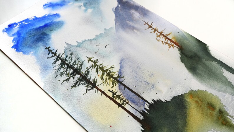 Aquarelle originale sapins et montagnes image 5