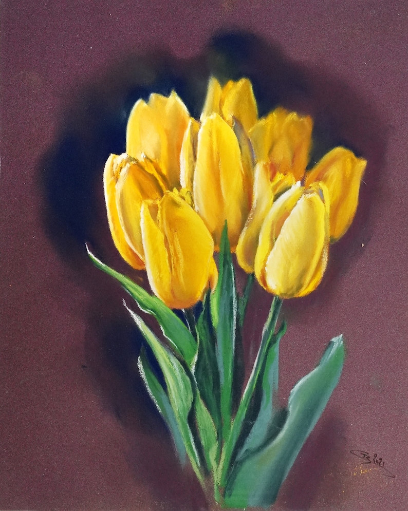 Pastel original Tulipes jaunes image 1