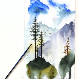 Aquarelle originale sapins et montagnes image 3