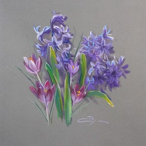 Pastel sec original : Jacinthes et crocus image 1