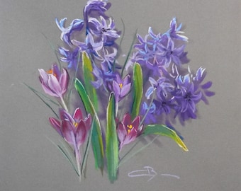 Original dry pastel: Hyacinths and crocuses