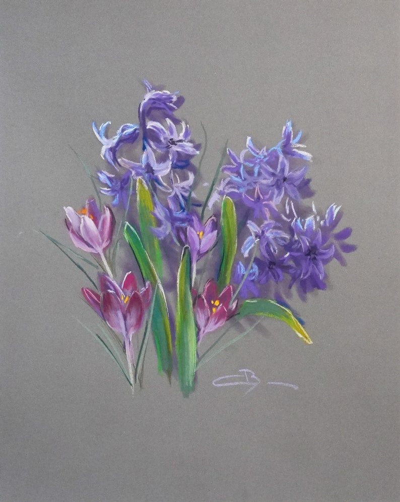 Pastel sec original : Jacinthes et crocus image 1