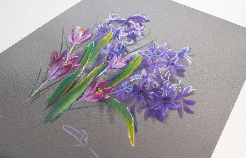 Pastel sec original : Jacinthes et crocus image 3