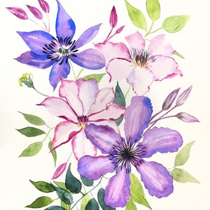 Aquarelle originale Bouquet de clématites image 1