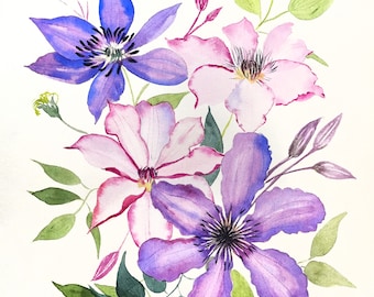 Aquarelle originale Bouquet de clématites