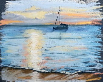 Pastel original - Crépuscule en Martinique sur le motif