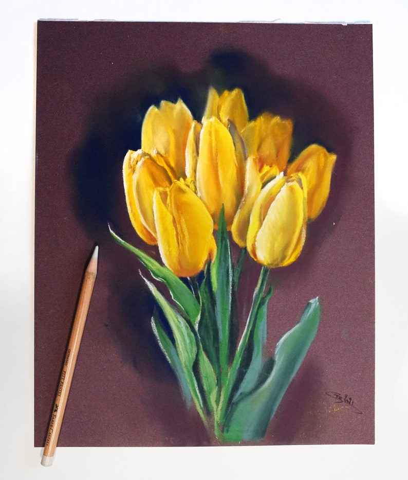 Pastel original Tulipes jaunes image 2