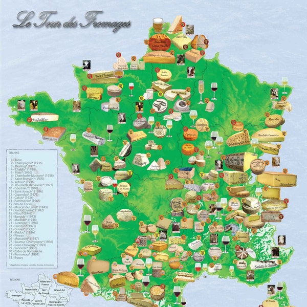 Cheese Wine Poster of France, Cheese Wall Art, Dining, Restaurant, Kitchen Decor