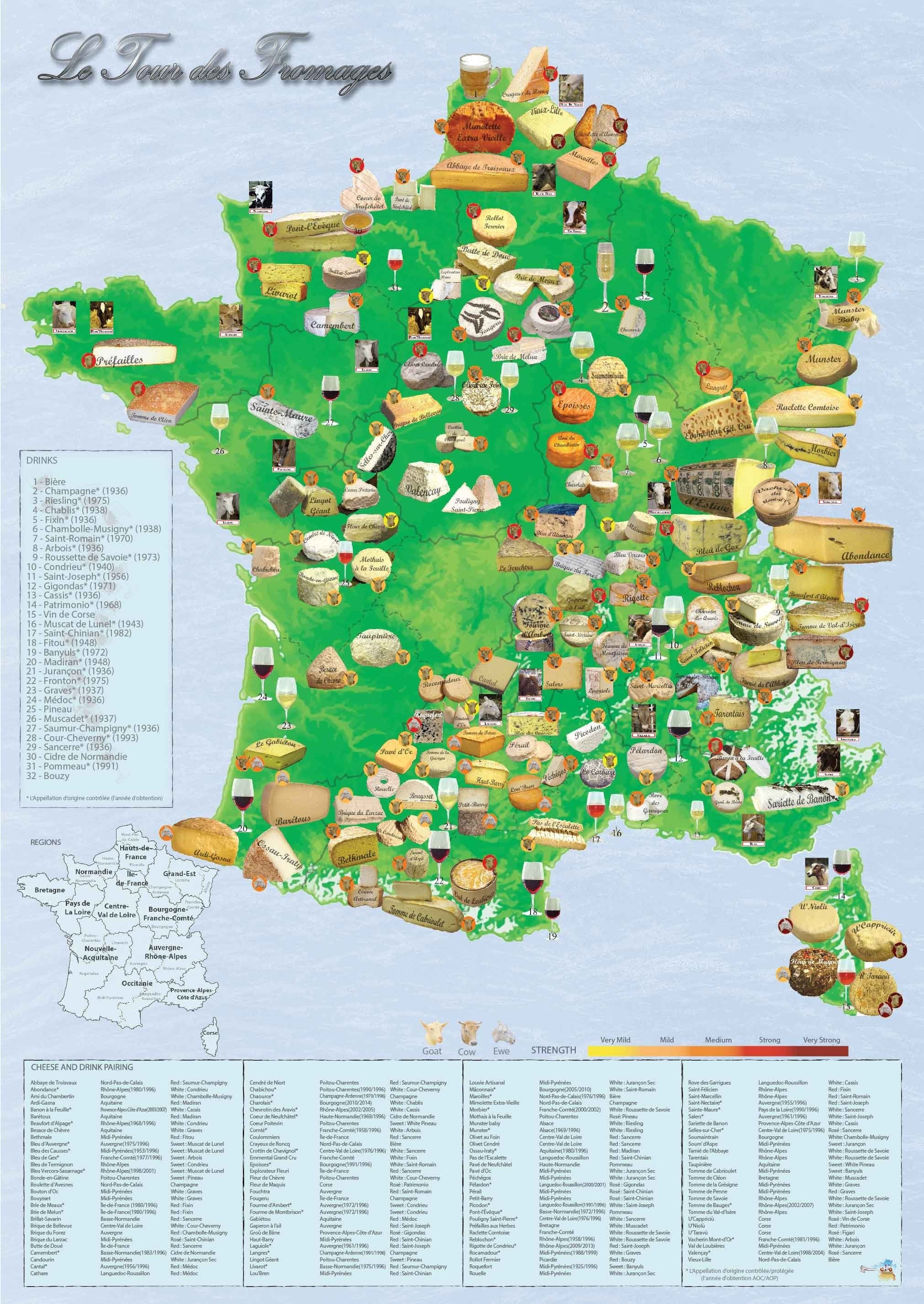 Cheese Wine Poster of France, Cheese Wall Art, Dining, Restaurant