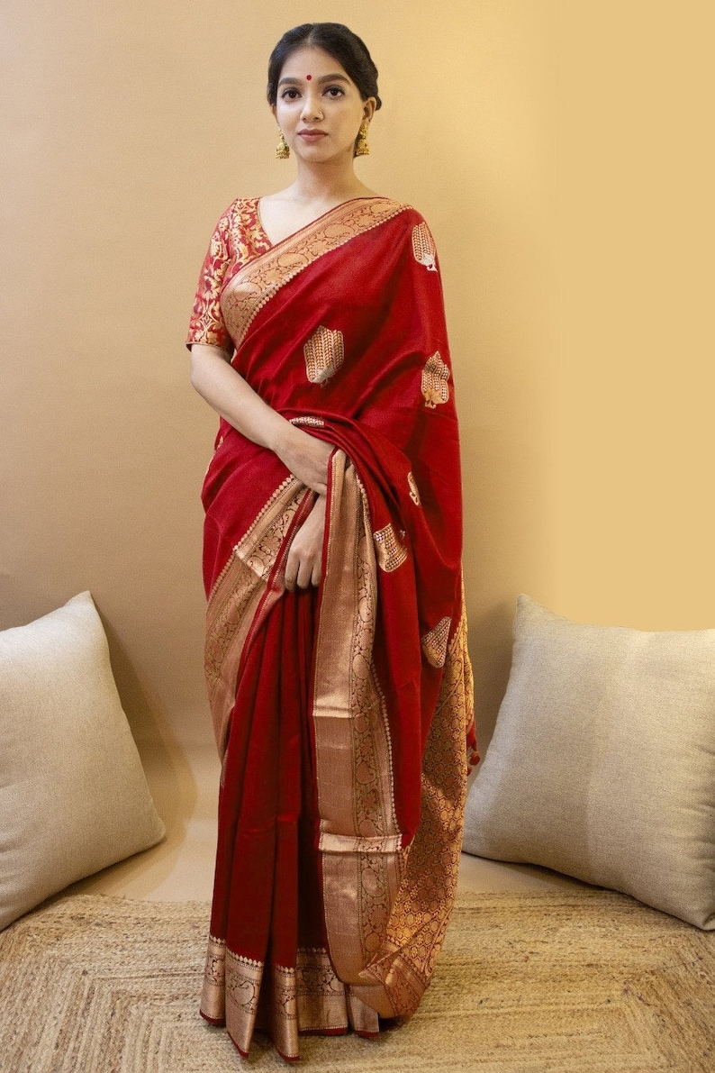 Heavy PURE Soft SILK Jacquard Weaving Saree Bridal Gift Occasional Wear Wedding Sari with Designer Blouse