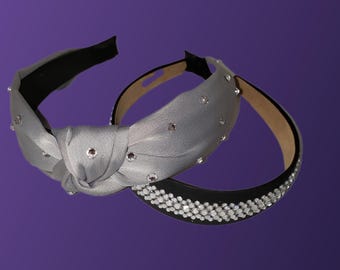 Beaded Gray and Crystal Bow Applique Black Satin Headband  display picture 3