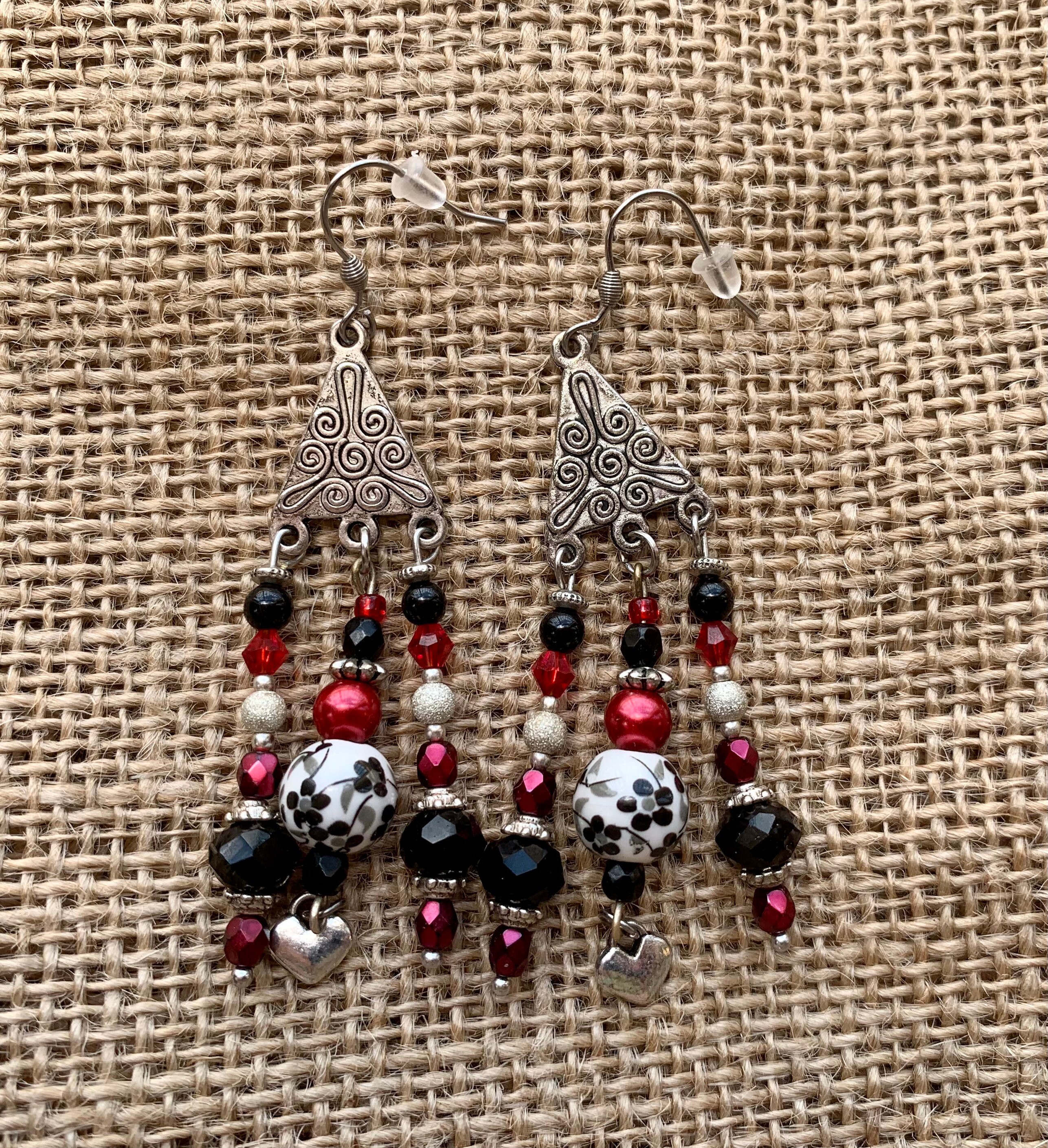 Black and Red Chandelier Earrings Black and Red Heart Etsy