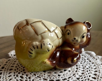 Vintage Anthropomorphic Squirrel And Worm Ceramic Planter