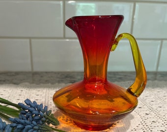 Rainbow Glass Small Red/Yellow/Orange Pitcher Mid Century Amberina Glass