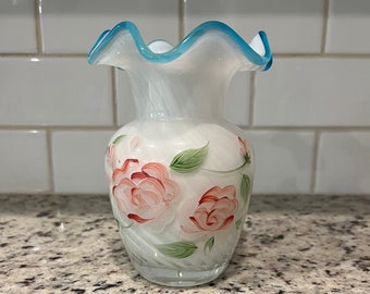 Fenton Glass Teleflora Swirl Art Glass Vase Aqua Crest Rim & Handpainted Roses / Vintage Fenton Glass