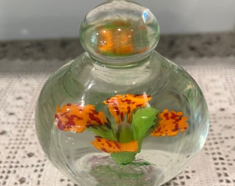 Vintage Oglebay WV Art Glass Paperweight With Blooming Orange Flower Inside