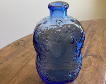 Vintage Blue Pressed Glass Leaves and Acorns Vase