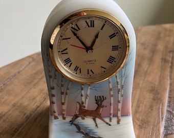 Vintage Fenton Art Glass Clock Handpainted Winter Scene With Deer
