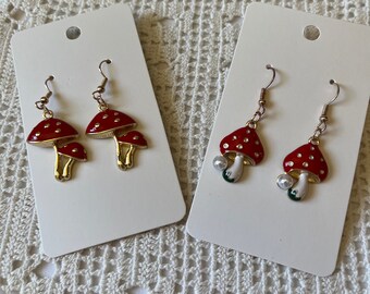 Mushroom Earrings Red and White with Gold Wire from "My Mother's Garden" Collection