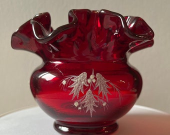 Fenton Red Ruffled Vase White Holly Berry Signed