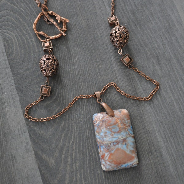 Picture Jasper Pendant on Antiqued Copper chain with beautiful Tree Branch Toggle Clasp
