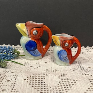 Vintage Hand Painted Bird Pitcher Set of 2