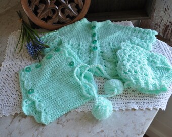 Vintage Baby Sweater, Cap, Diaper Cover and Booties 5pc Set