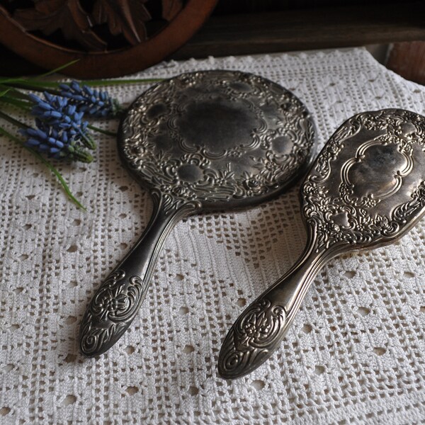 Vintage Silverplate Hand Held Mirror Brush Set Raised Floral Designl