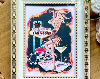 Viva Las Vegas Art Print, Las Vegas Showgirl Mini Art Print, Embellished Art Print, Cute Gifts for Friends, Vegas Lover Gifts, 5x7 Print