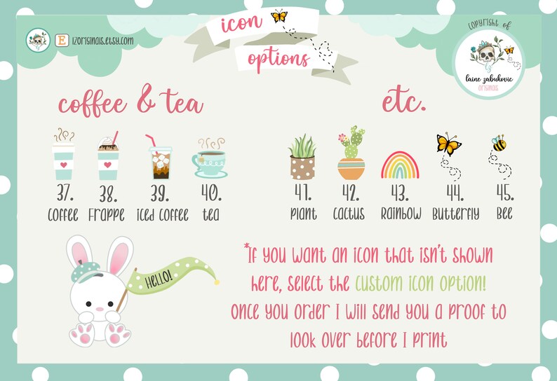 K&ouml;nnte beinhalten: Eine Tabelle mit verschiedenen Symbolen f&uuml;r Kaffee, Tee, Pflanzen und andere Gegenst&auml;nde. Die Tabelle befindet sich auf einem hellblauen Hintergrund mit wei&szlig;en Punkten. Der Text "coffee & tea" befindet sich oben auf der Tabelle. Der Text "icon options" befindet sich oben rechts auf der Tabelle. Der Text "etc." befindet sich oben rechts auf der Tabelle. Der Text "Wenn Sie ein Symbol w&uuml;nschen, das hier nicht angezeigt wird, w&auml;hlen Sie die Option "Benutzerdefiniertes Symbol"! Sobald Sie bestellt haben, schicke ich Ihnen einen Entwurf zur &Uuml;berpr&uuml;fung, bevor ich drucke" befindet sich unten auf der Tabelle.