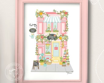 Może przedstawiać: Różowy budynek z zielonym daszkiem i kwiatami zwisającymi z okien. Budynek ma znak z napisem "Flower Shop" i znak z napisem "Newly Blooms". Przed budynkiem znajduje się znak z napisem "Fresh".