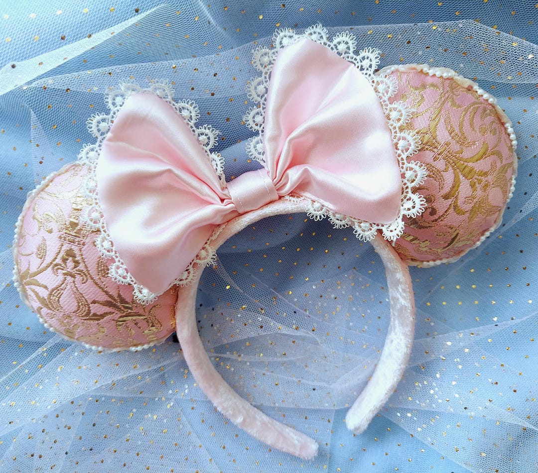 Handmade Princess Pink Brocade Mouse Ears Headband, Pearls, Lace Trim ...