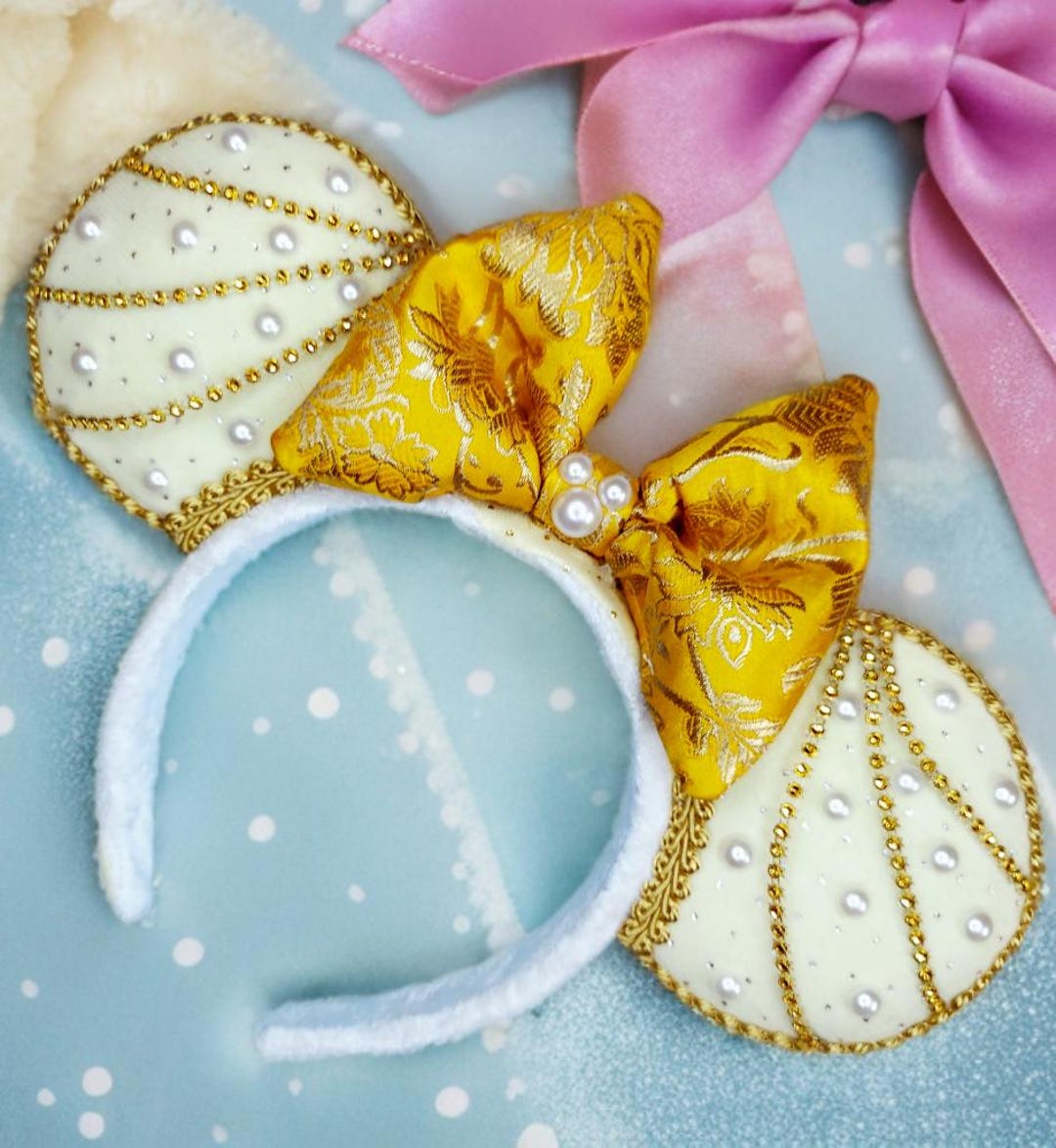 Beauty Mouse Ears Headband, Faux Pearls, Shimmery, Gold, Brocade Bow - Etsy