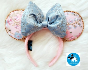 Make It Pink Make It Blue ~ Aurora Floral Mouse Ears Headband: Rhinestones, Brocade Bow, sleeping beauty