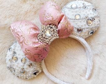 Can You Feel The Love Tonight - Princess mouse Ears, Minnie Ears, Mouse Ears, rhinestones,  Pearls, brocade fabric