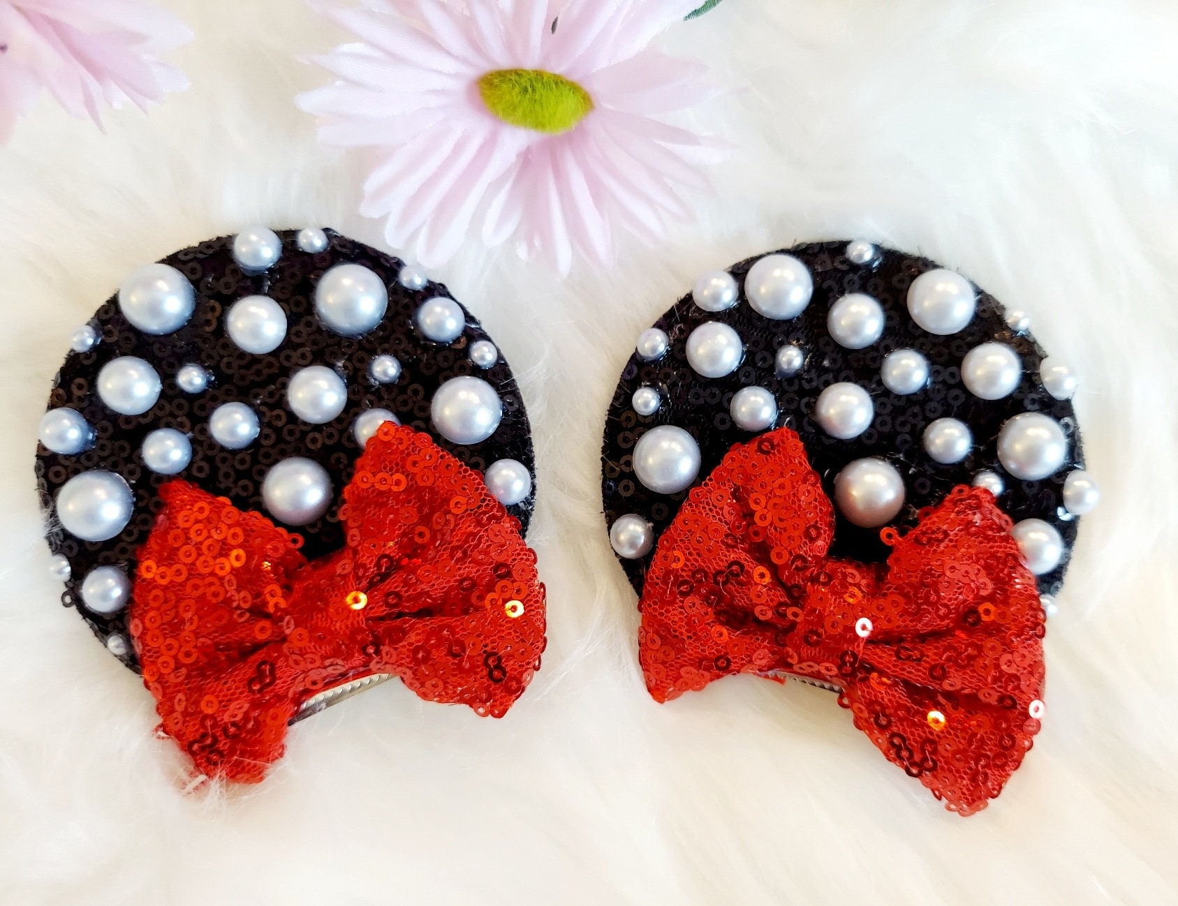 Red and Black Hair Accessories with Mickey Mouse Ears Disney Parks Mickey Ears- Minnie Mouse Ears Red... | Depop main image 3