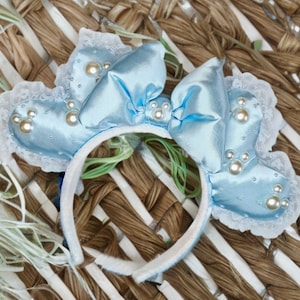 CRUSH Blue satin heart shaped Mouse EARS headband with faux pearls and ruffled lace trim  ~ Coquette ~ Kawaii ~ Pastel Goth