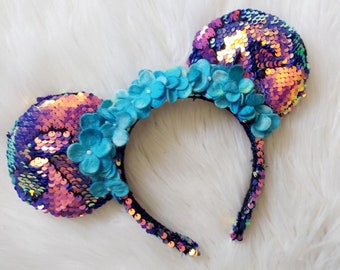 Hawaiian SEQUIN Flower Minnie EARS - Cruise Wish Minnie Ears  - Minnie Ears - Mouse Ears - Minnie Ears - Mouse Ears Headband