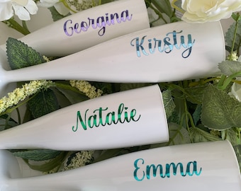 Personalised Chrome Bridal party white plastic champagne flutes / weddings / celebrations / hen do / bridesmaid gifts / birthday / party