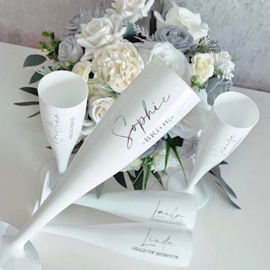 Personalised Bridal party white plastic champagne flutes / weddings / celebrations / hen do / bridesmaid gifts / birthday / party