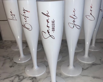 Chrome Personalised Bridal party white plastic champagne flutes / weddings / celebrations / hen do / bridesmaid gifts / birthday / party