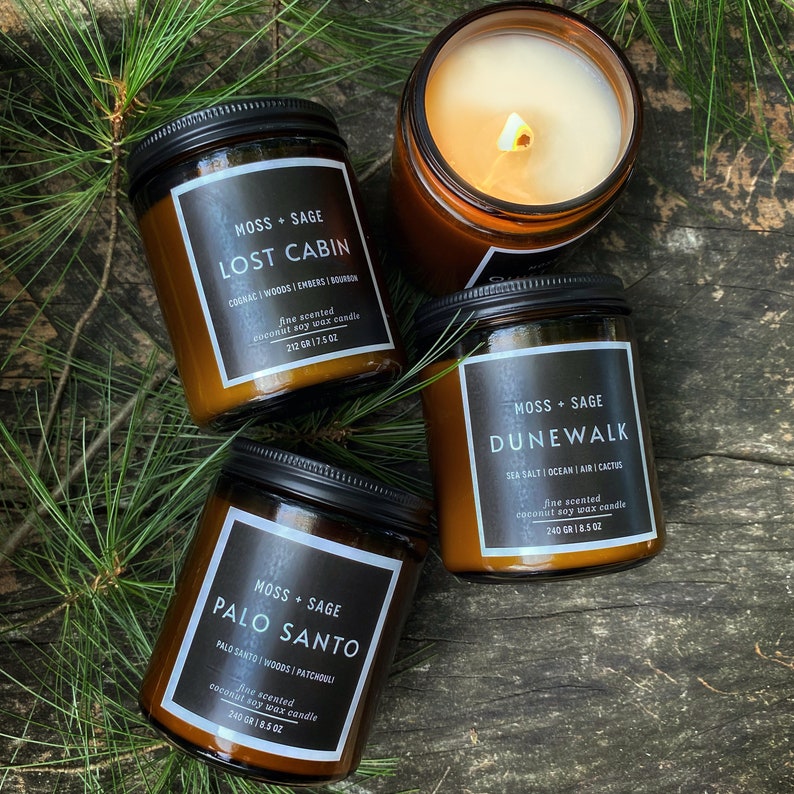 Gift Box Amber jar scented candle Moss and Sage House Warming gift BALSAM CEDAR Fir Pine Soy Candle Quiet Forest Home Decor