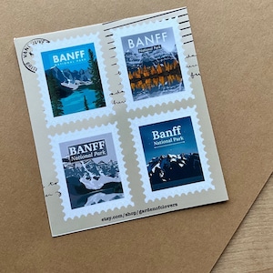 Folha de adesivos do Parque Nacional de Banff – 4 adesivos sazonais | Verão, Outono, Inverno e Noite | Adesivos de lembrança da Travel Canada *NÃO É AI*