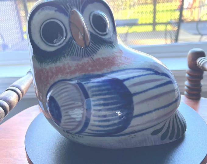 Vintage Tonala Mexican Pottery Owl - ERandi Signed Folk Art