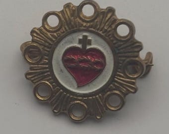 Vintage Sacred Heart of Jesus Enamel Gold Pin Brooch Lover Antiques and Vintage