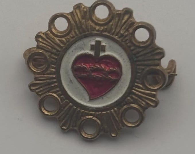 Vintage Sacred Heart of Jesus Enamel Gold Pin Brooch Lover Antiques and Vintage