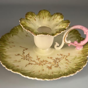 Vintage Limoges Green Gold Pink Fancy Candle Chamberstick with Saucer, French Porcelain Candle Holder, Unique Gift for Her