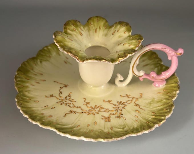 Vintage Limoges Green Gold Pink Fancy Candle Chamberstick with Saucer, French Porcelain Candle Holder, Unique Gift for Her